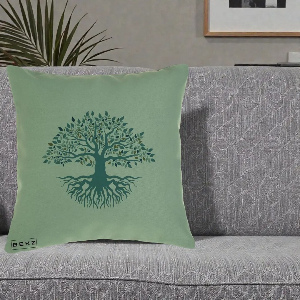 Perna Decorativa Copacul Vietii Teal cu Radacini, 40x40 cm, Verde, Husa Detasabila, Perna Inclusa, BEKZ®