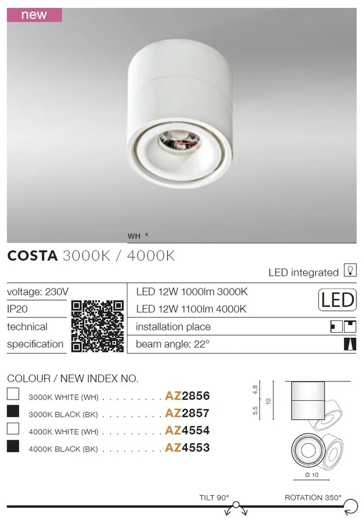 Spot LED aplicat directionabil de tavan/plafon COSTA 4000K alb
