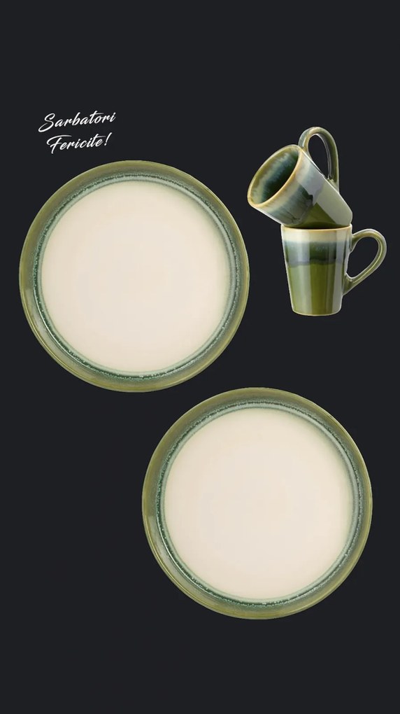 Set Cadou Ceramica Infinity Green (2 Farfurii Mari 25cm, 2 Cani 300ml) Exceptional