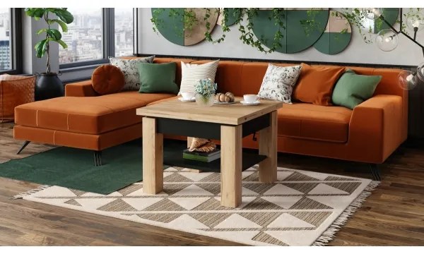 Masă extensibilă CALEB, de cafea și dining, cu blat rabatabil, stejar craft/negru