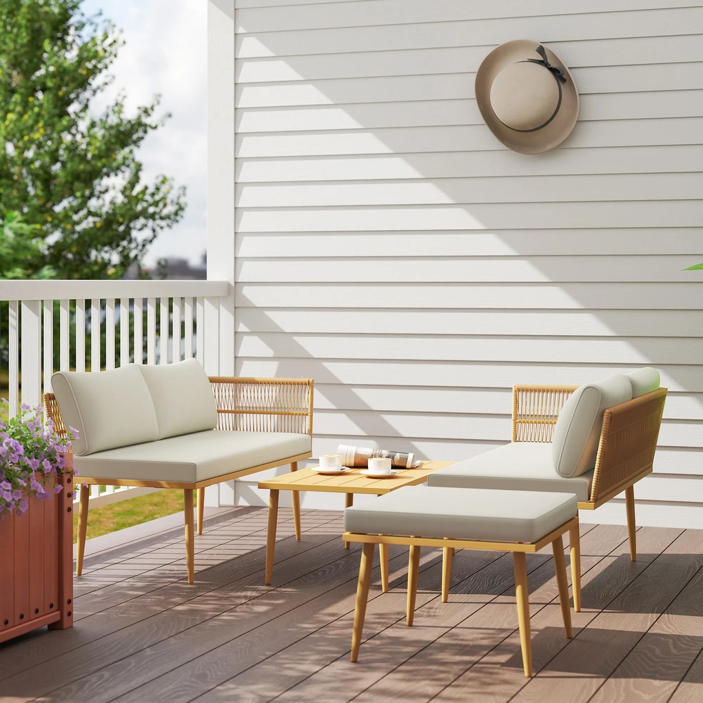 Outsunny Salon de grădină exterior din rășină impletită 5 locuri modular 2 canapele, pouf și masă de cafea, perne incluse, crem | Aosom Romania