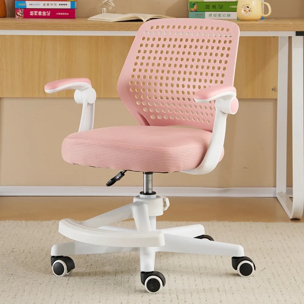 Scaun ergonomic copii, Reglabil pe inaltime, Cotiere rabatabile 2D, Roti blocare automata, baza PP, Roz