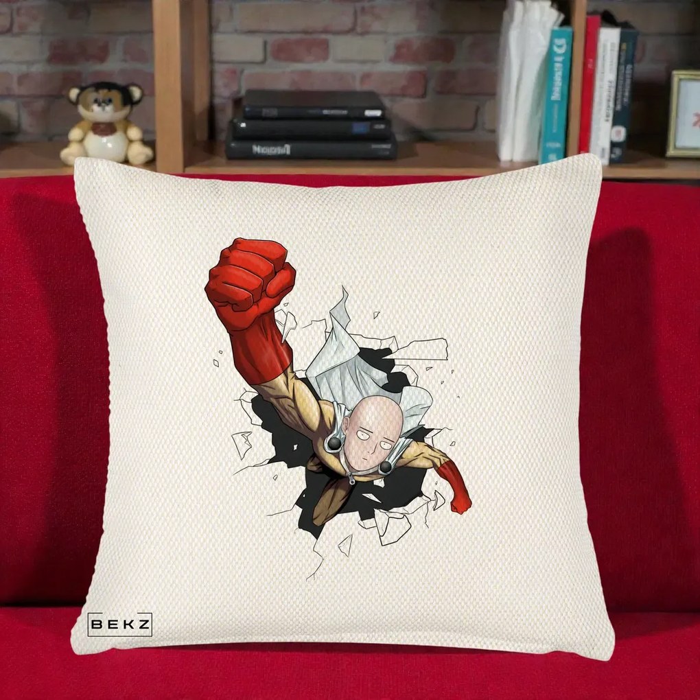 Perna Personalizata One Punch Man Saitama Pumn, 40x40 cm, Crem Reliefat, Husa Detasabila, Perna Inclusa, BEKZ®