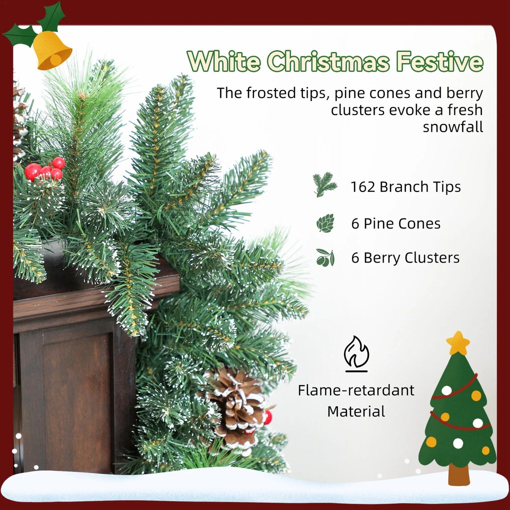 HOMCOM Ghirlandă de Crăciun 183 cm cu Crengi Înzăpezite și 30 de Lumini Albe, Conuri și Boabe pentru Interioare | Aosom Romania