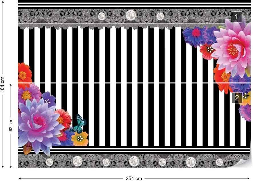 GLIX Fototapet - Colourful Flowers Black And White Strips Vliesová tapeta  - 254x184 cm