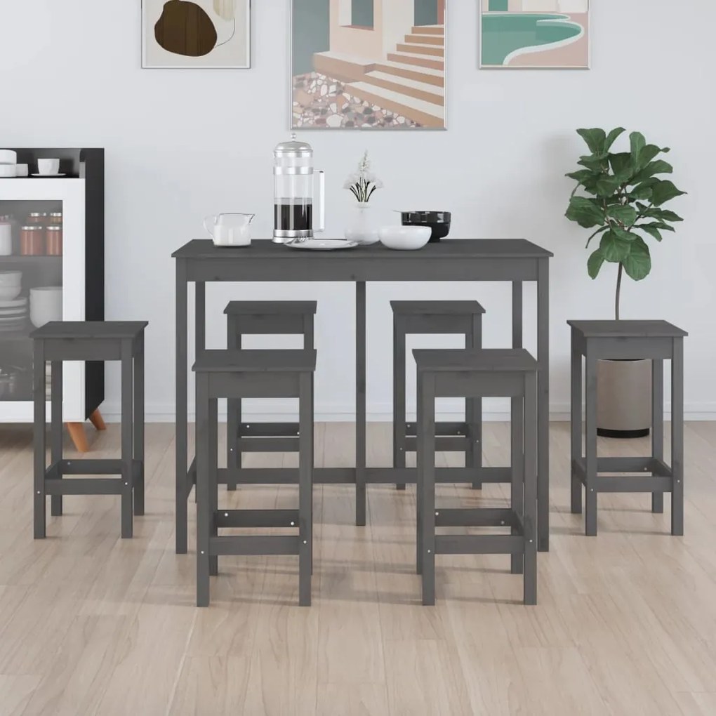 3124709 vidaXL Set mobilier de bar, 7 piese, gri, lemn masiv de pin