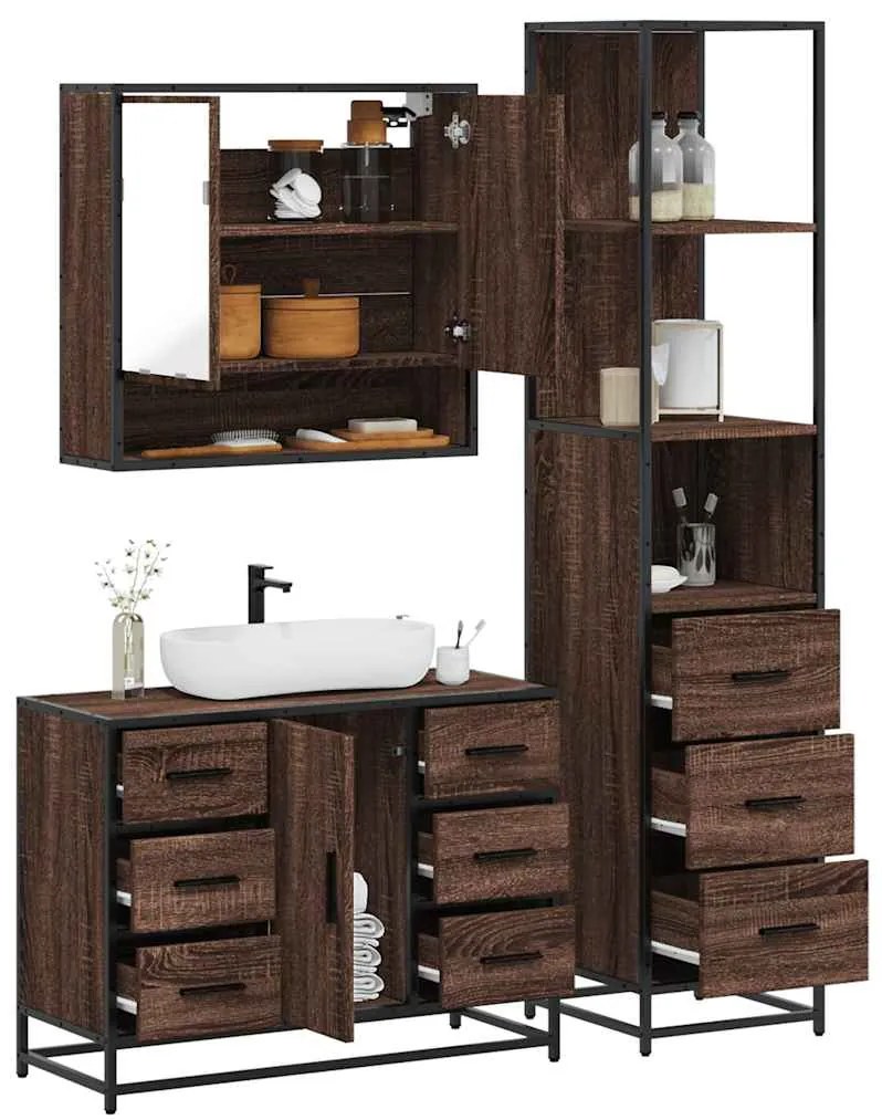 vidaXL Set mobilier de baie, 3 piese, stejar maro, lemn prelucrat