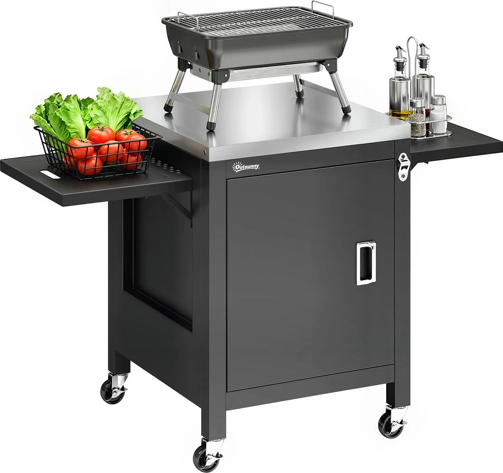 Outsunny Căruț de grădină pentru grătar pe roți, blat din oțel inoxidabil, suport pentru prosoape, 140,5 x 68 x 89 cm Negru | Aosom Romania