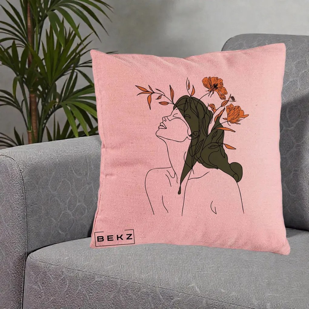 Perna Decorativa Portret Feminin Profil Flori Portocalii, 40x40 cm, Roz, Husa Detasabila, Perna Inclusa, BEKZ®