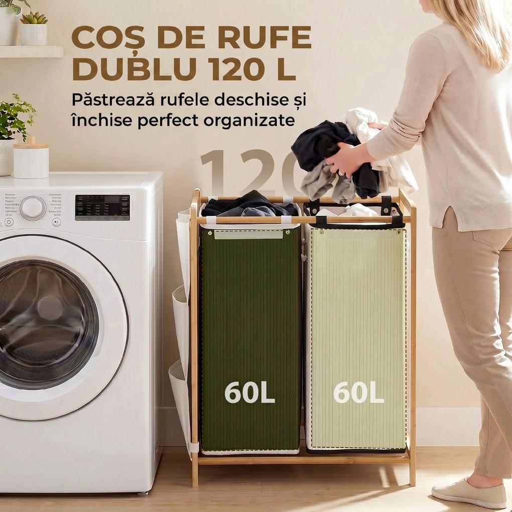 HOMCOM Coș de Rufe 2 Compartimente 120L cu Capace, Buzunare Laterale, Saci Detașabili pentru Dormitor | Aosom Romania