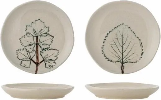 Set 2 farfurii din ceramică artizanală natur cu finisaj antichizat și motive botanice cu frunze, 21×1,5 cm, "Aubrin"