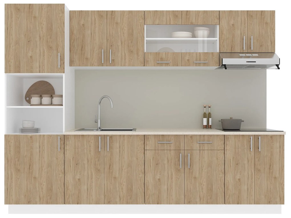Set Bucatarie Karo V23, Lemn Natural/Alb, Blat Thermo 28 mm, L 280 cm