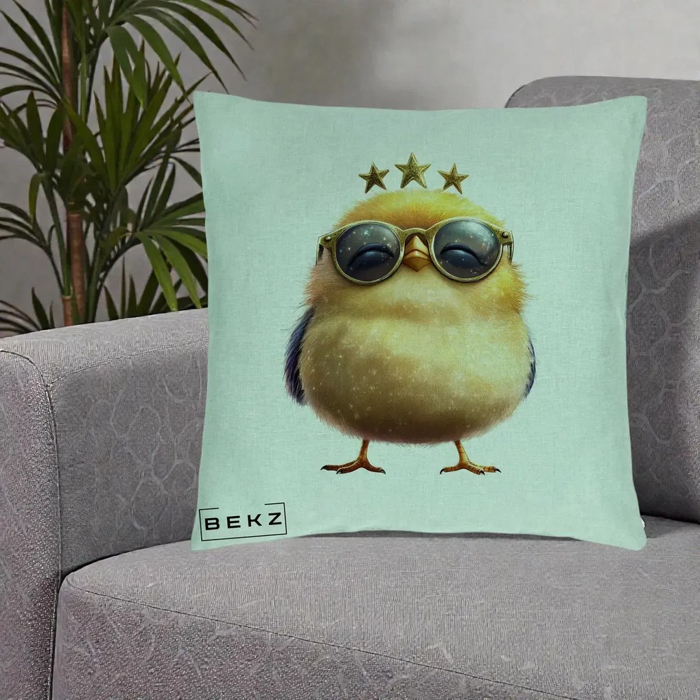 Perna Decorativa Pui Gold Star cu Ochelari Aurii, 40x40 cm, Verde Menta, Husa Detasabila, Perna Inclusa, BEKZ®