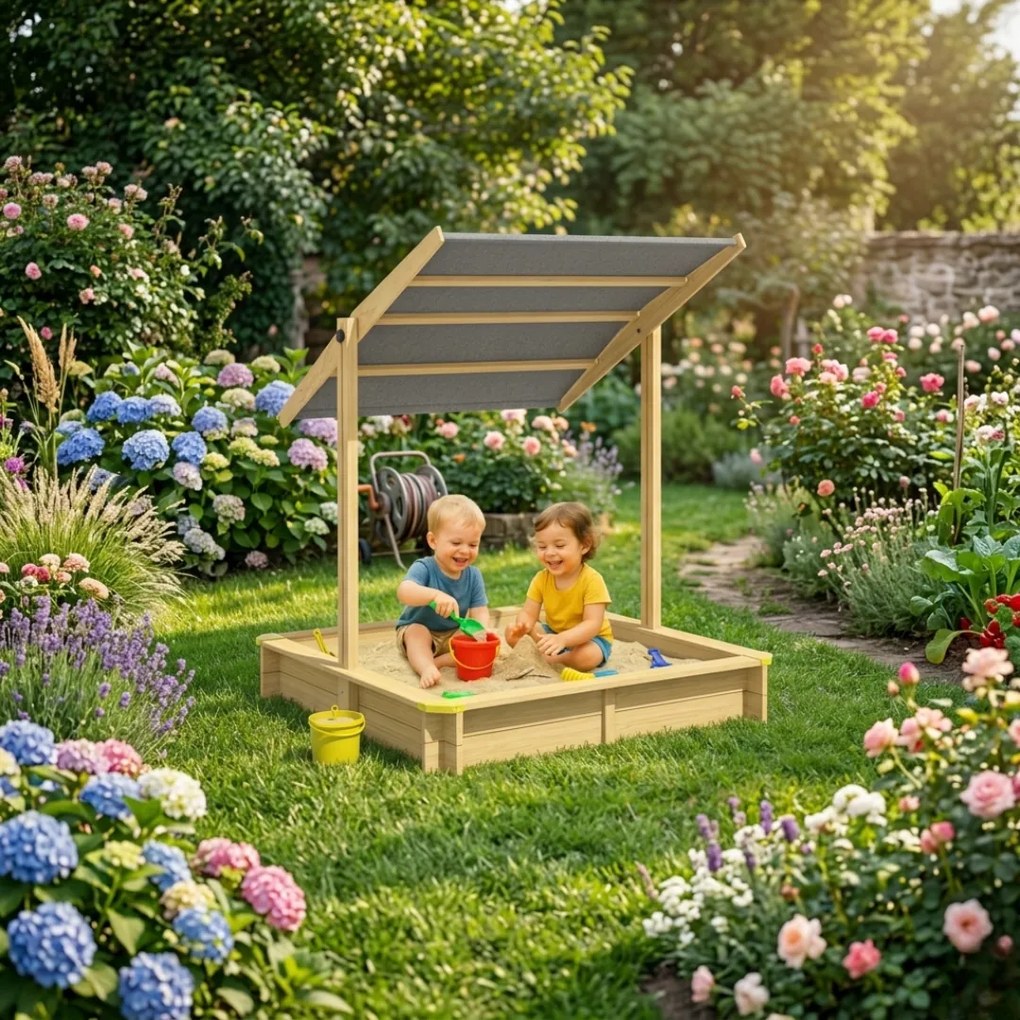 Cutie de nisip cu acoperiș SANDY, din lemn de brad, 120x120x120cm Jurhan