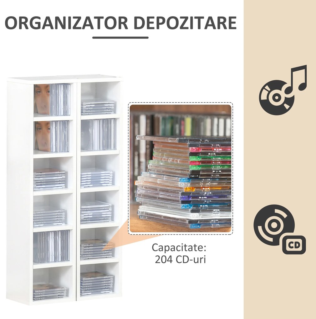 HOMCOM Bibliotecă Raft pentru CD, Set din 2 Piese cu 12 Rafturi din Lemn, 21x19,2x88,3 cm, Alb | Aosom Romania