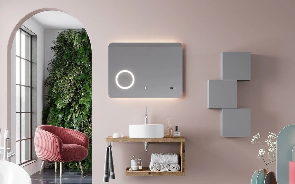 Oglindă lemn masiv cu Ceas Iluminare LED si Lupa Touch 80x60cm / 100x70cm - 80x60cm