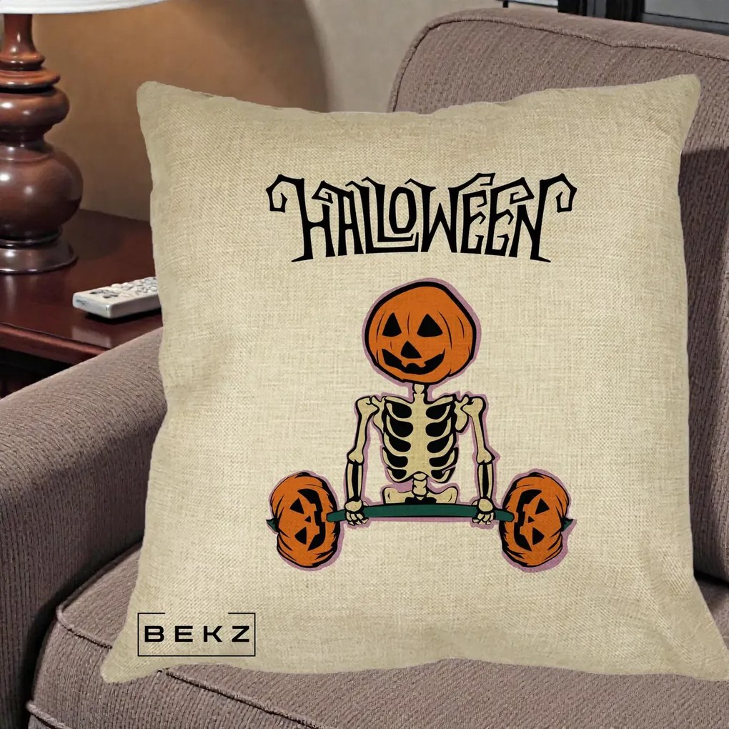 Perna Decorativa Halloween Schelet cu Cap de Dovleac Powerlifting, 40x40 cm, Crem, Husa Detasabila, Perna Inclusa, BEKZ®