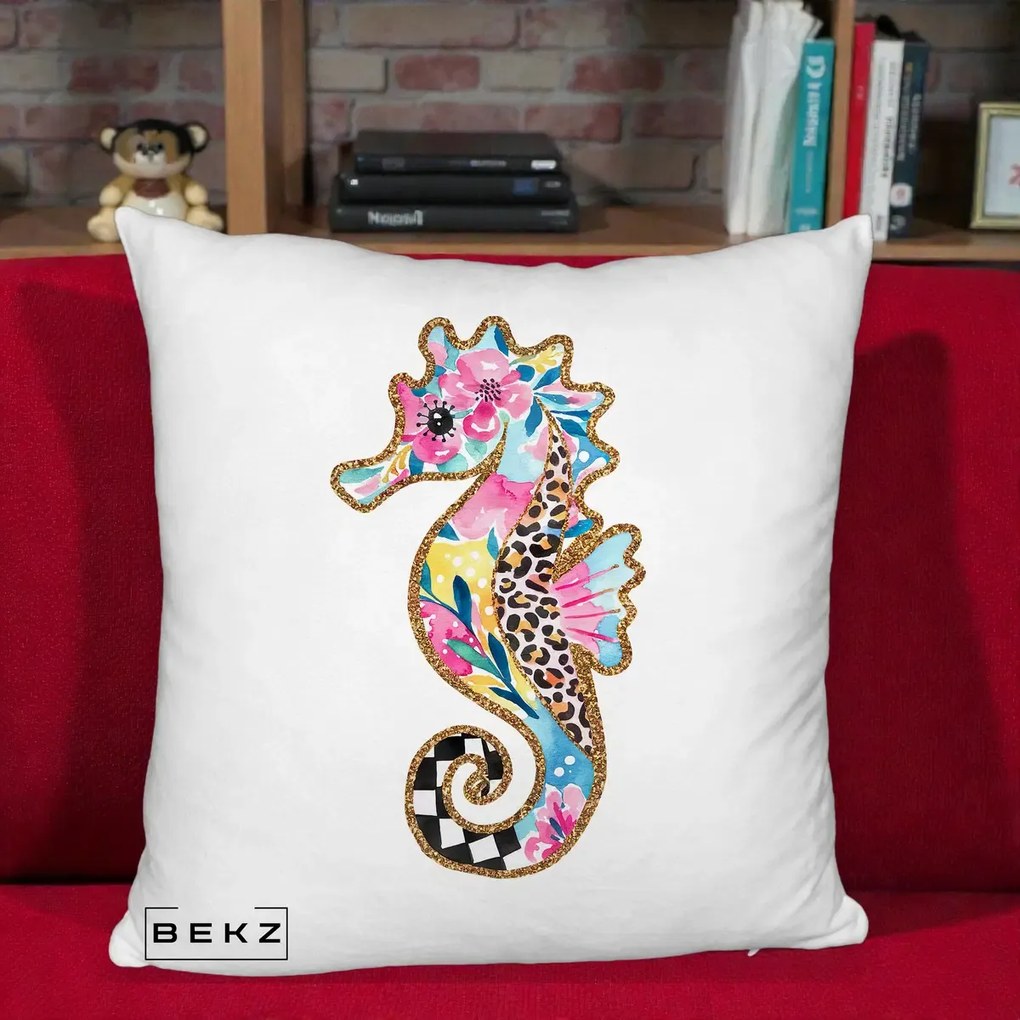 Perna Decorativa Calut de Mare Glitter Tropical, 40x40 cm, Alb Pufos, Husa Detasabila, Perna Inclusa, BEKZ®