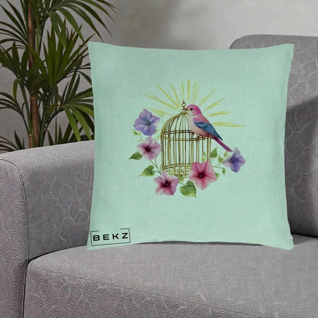 Perna Decorativa Pasare Roz pe Colivie Aurie cu Flori, 40x40 cm, Verde Menta, Husa Detasabila, Perna Inclusa, BEKZ®