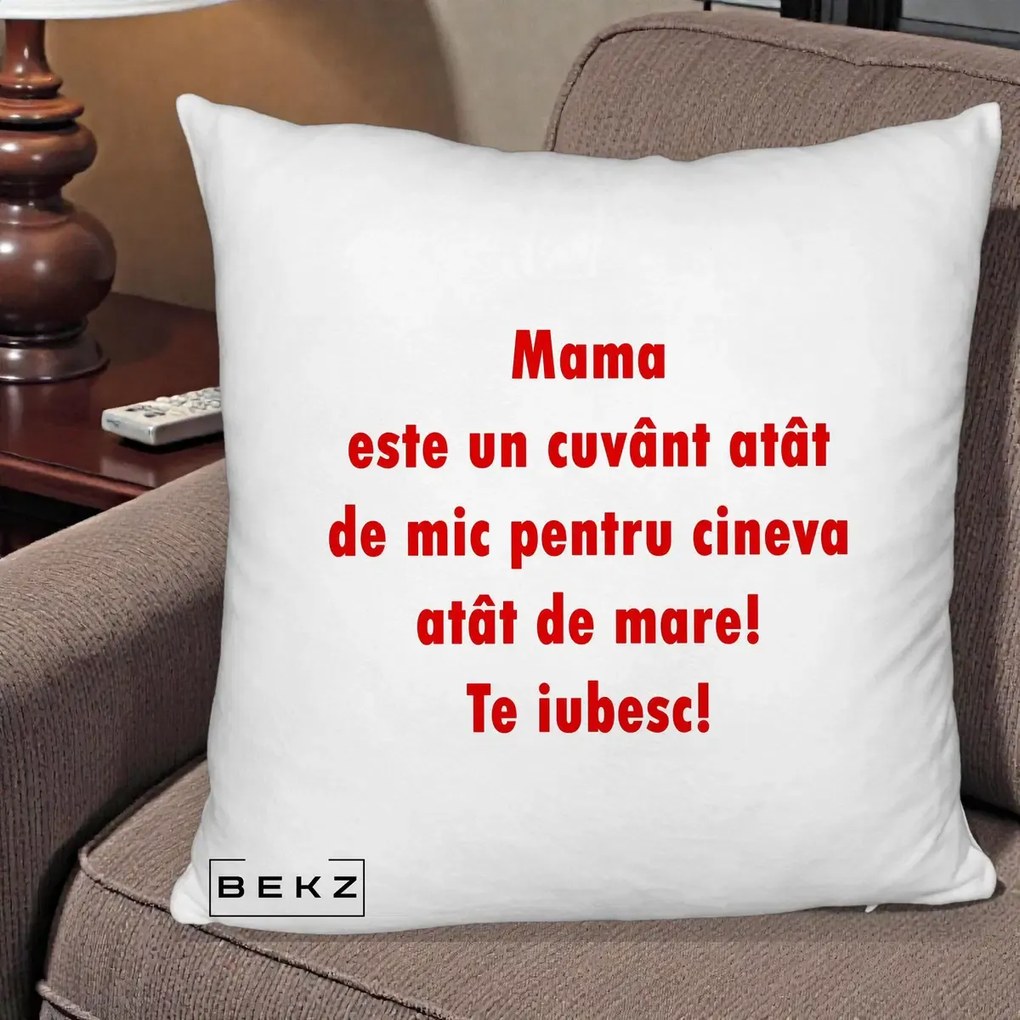 Cadou pentru Mama - Perna Personalizata Mama Cuvant Mic, 40x40 cm, Alb Pufos, Husa Detasabila, Perna Inclusa, BEKZ®