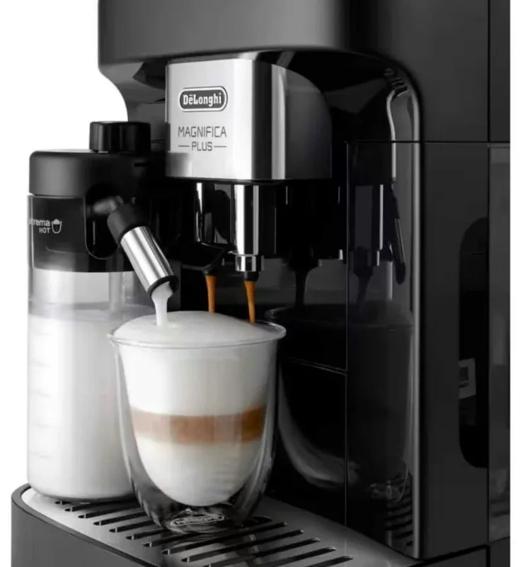 Espressor automat DeLonghi Magnifica PLUS ECAM 320.60.B, 1450W, 15 bar, 1.8l, 15 programe, 13 trepte de macinare, Ecran tactil TFT, LatteCrema Hot, Boabe de cafea, Negru