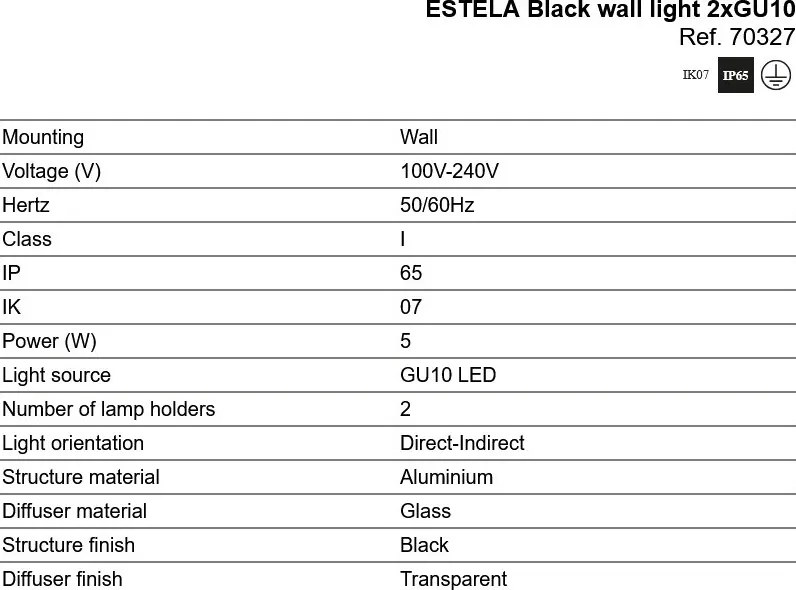Aplica perete exterior IP65, 2xGU10 ESTELA negru