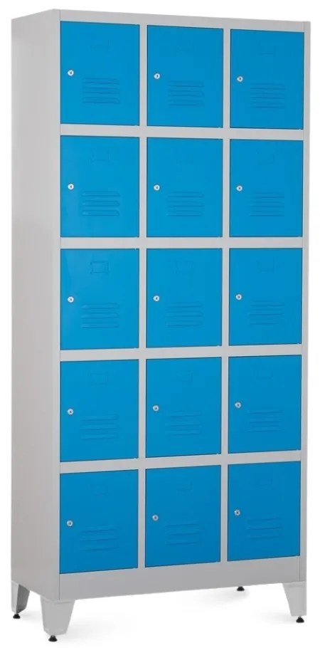 Dulap metalic - 15 cutii, 90 x 40 x 196,5 cm, picioare reglabile, încuietoare cilindrică, albastru - ral 5012