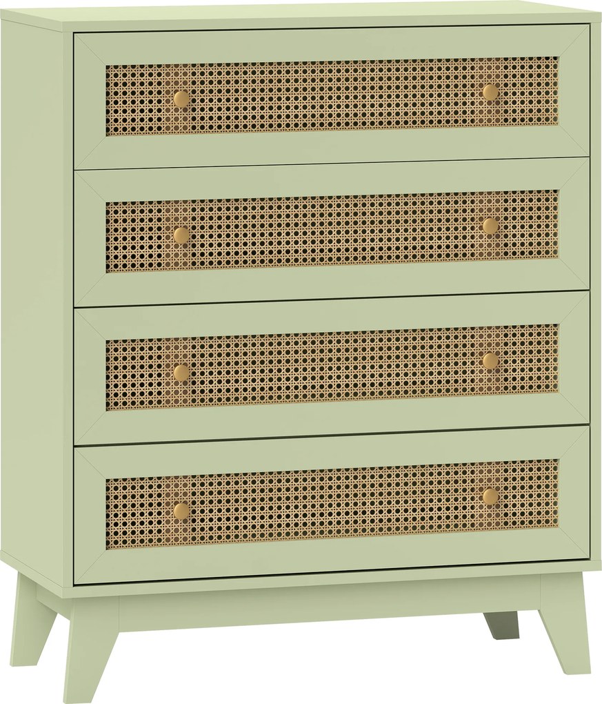HOMCOM Comodă 4 sertare mobilier de depozitare cannage din ratan aspect lemn deschis 80 x 35 x 95 cm verde | Aosom Romania