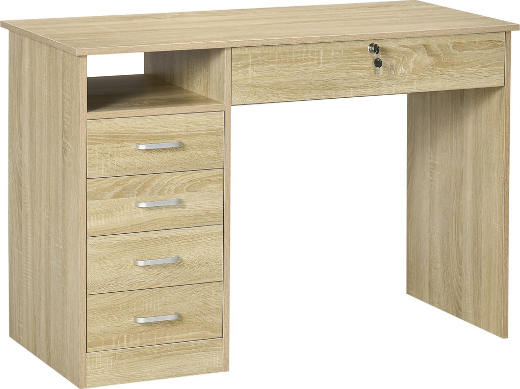 HOMCOM Birou Cameră sau Office Lemn cu 2 Sertare și 2 Chei, 110x50x76 cm, Stejar | Aosom Romania