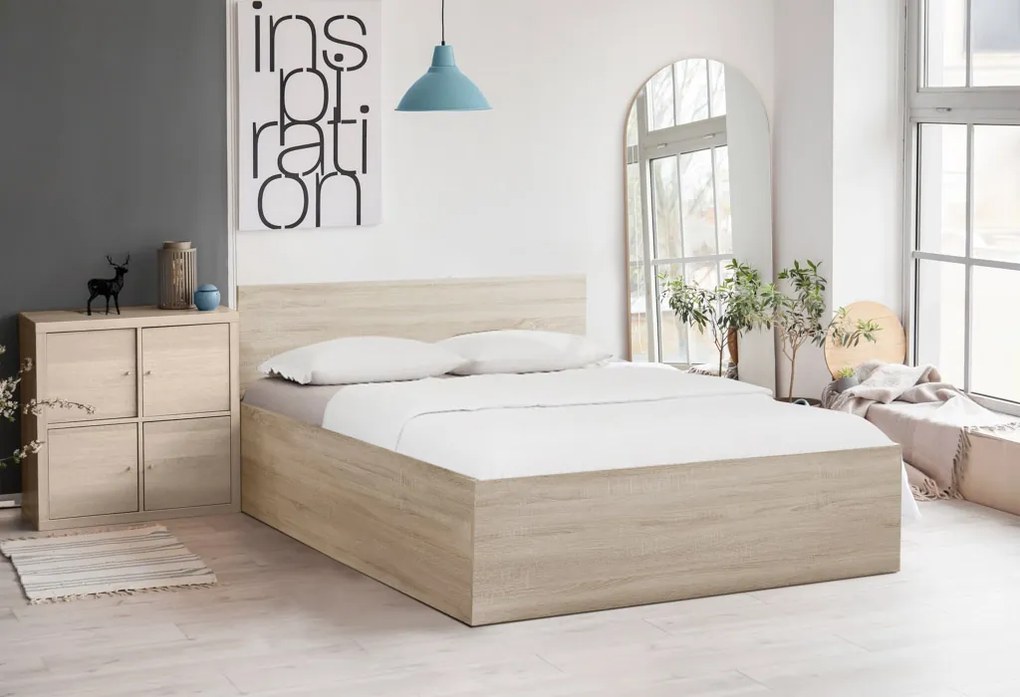 Pat dublu stejar sonoma, SOFIA 140 x 200 cm Saltele: Cu saltele Deluxe 10 cm, Somiera pat: Cu lamele curbate