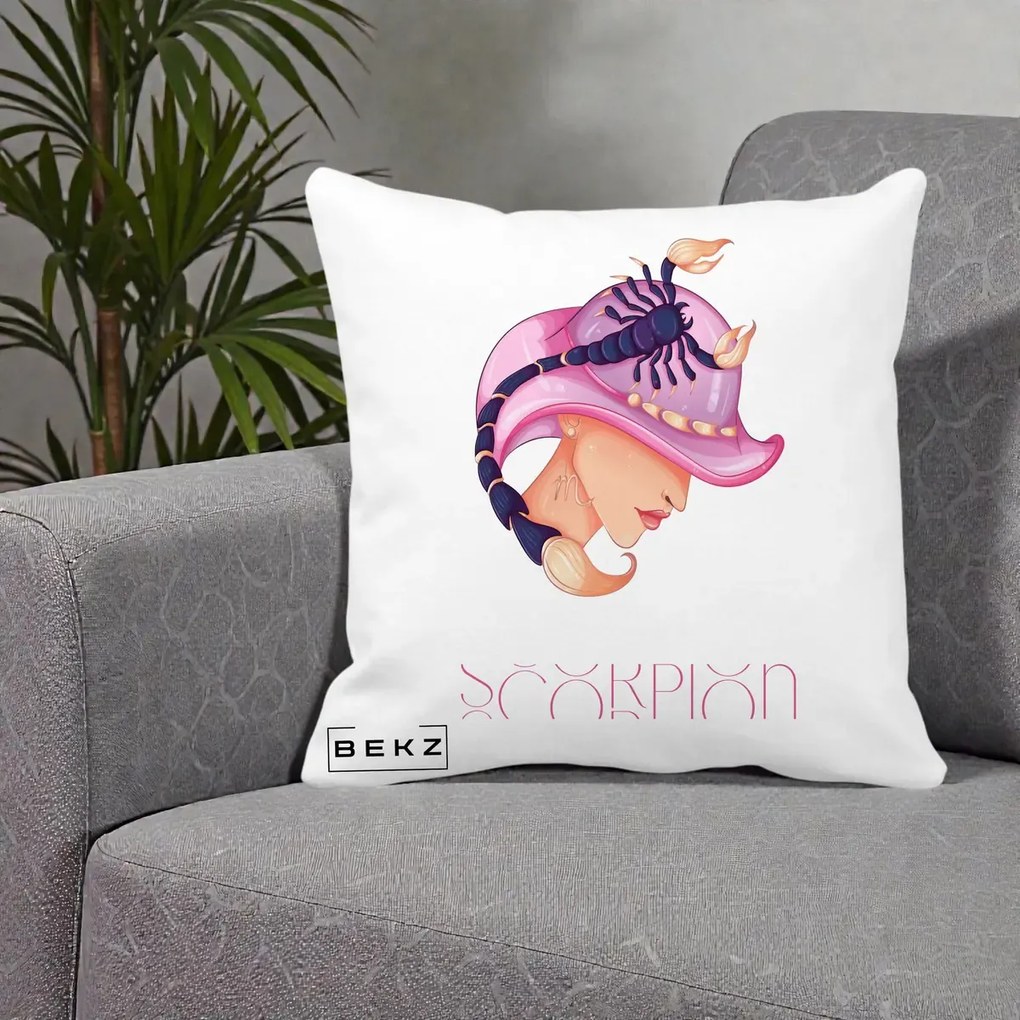 Perna Personalizata Zodiac Scorpion Cowgirl, 40x40 cm, Alba Mata, Husa Detasabila, Perna Inclusa, BEKZ®