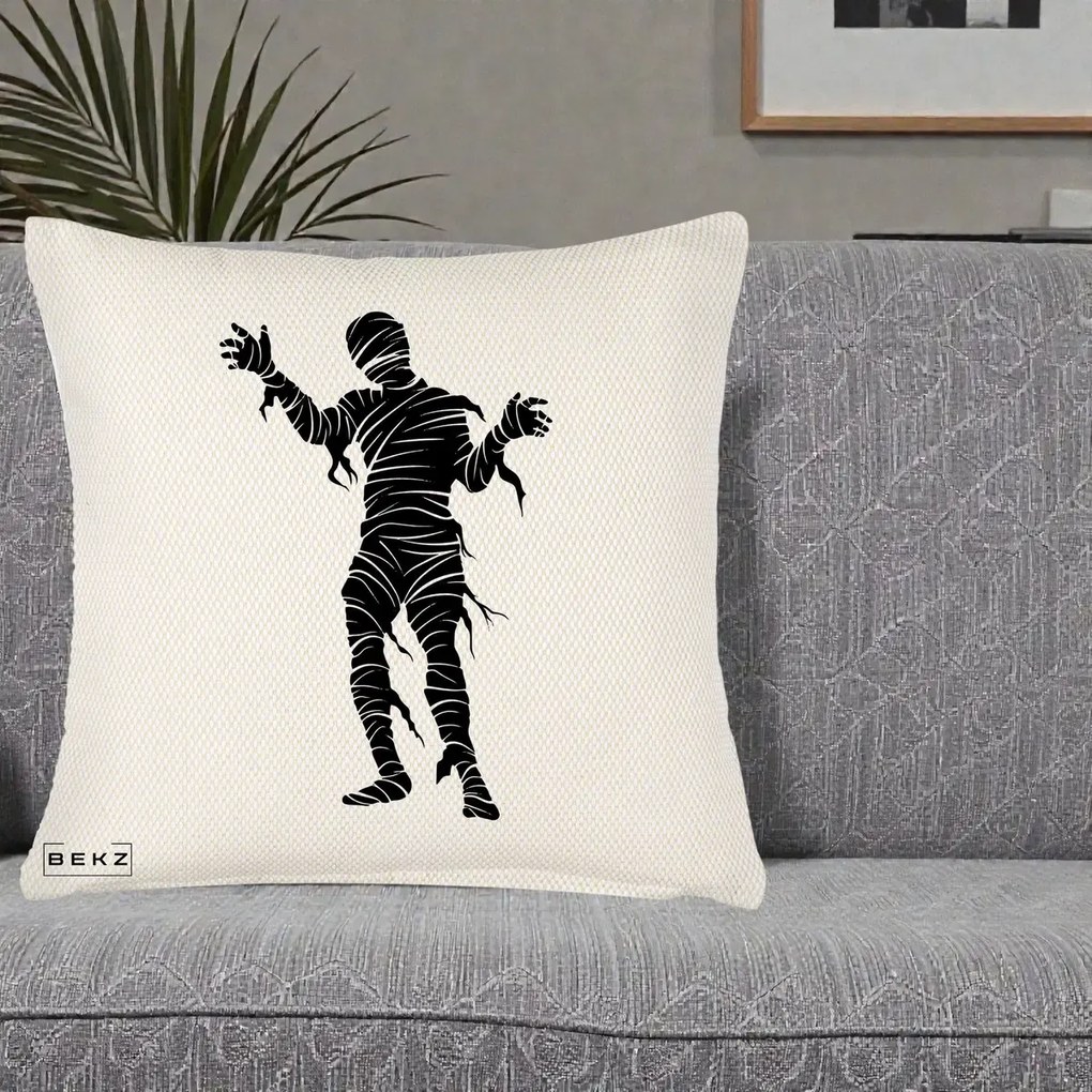 Perna Decorativa Mormii Infricosat Silueta Neagra Halloween, 40x40 cm, Crem Reliefat, Husa Detasabila, Perna Inclusa, BEKZ®
