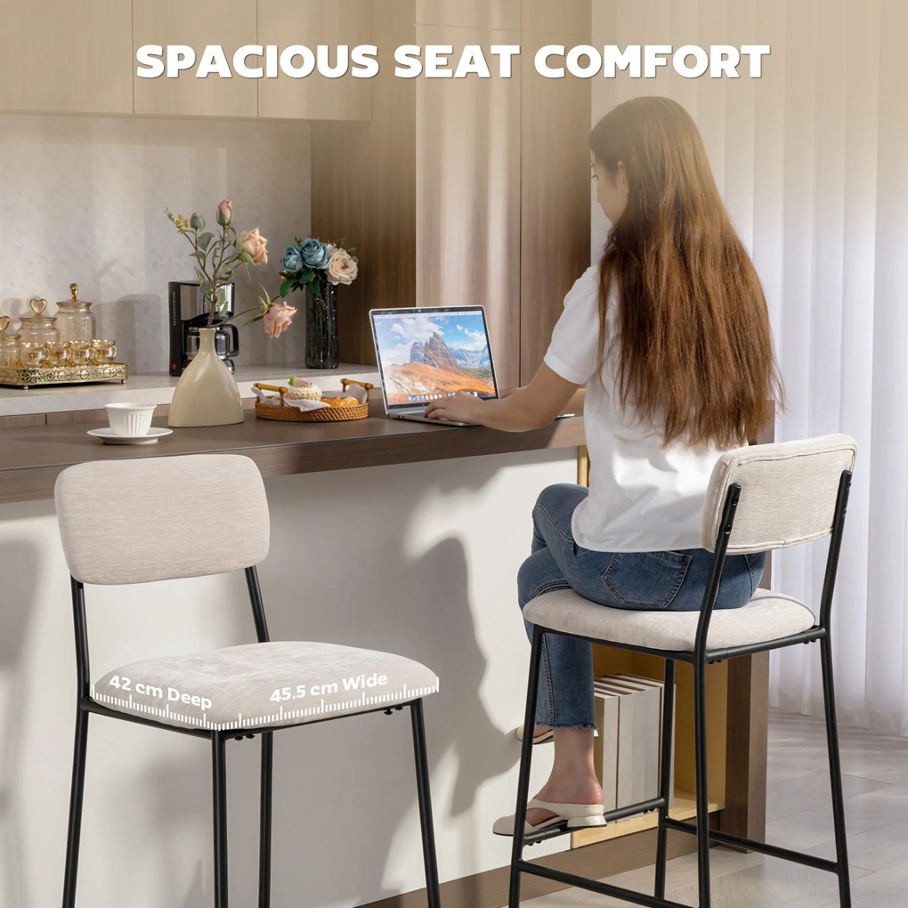 HOMCOM Set 2 Scaune de Bar, Scaune de Bucătărie Înalte în Chenille cu Spătar Înalt, Suport pentru Picioare și Sezut Moale Gros, Structură din Oțel, Scaune Înalte de Bar, pentru Peninsula, Sala de Mese, Bar, Crem | Aosom Romania