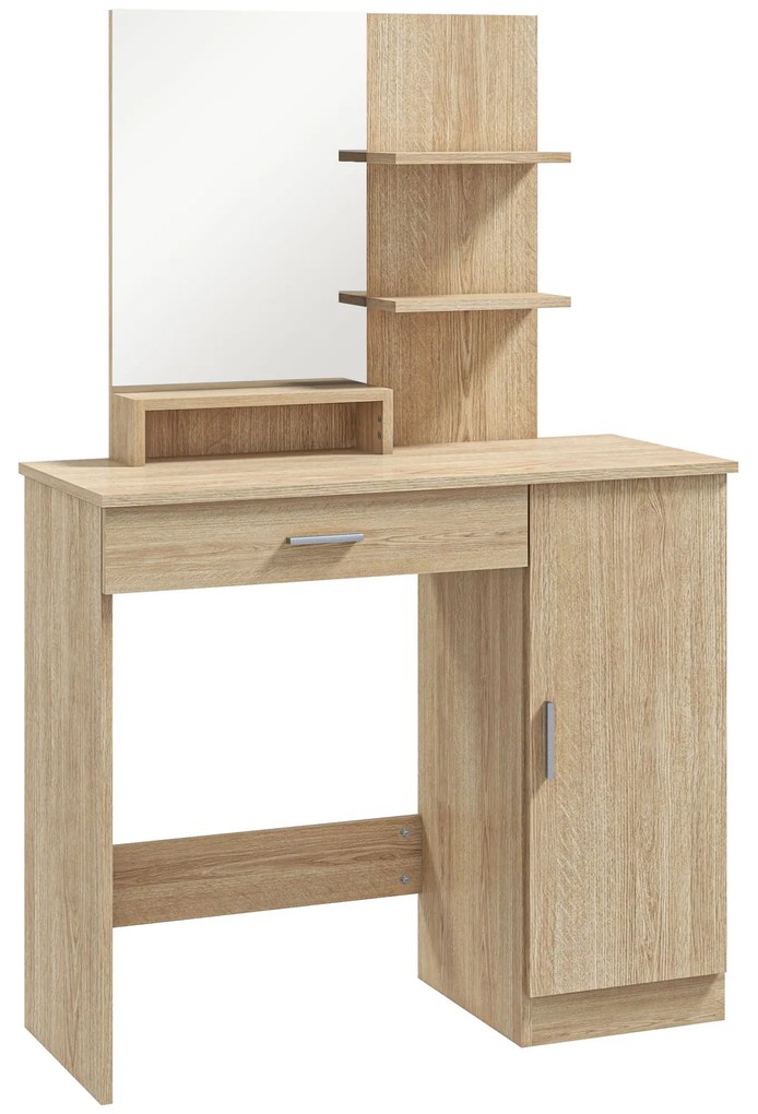 HOMCOM Masă de Machiaj cu Dulap, Sertar, Rafturi și Oglindă, lemn natural | Aosom Romania