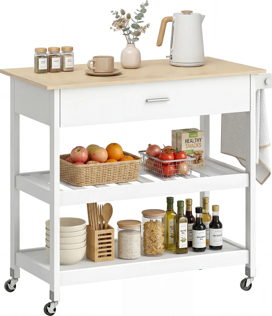 HOMCOM Cărucior de bucătărie cu depozitare, insulă mobilă de bucătărie cu blat mare, sertar, 2 rafturi deschise, suport pentru prosoape, Alb | Aosom Romania