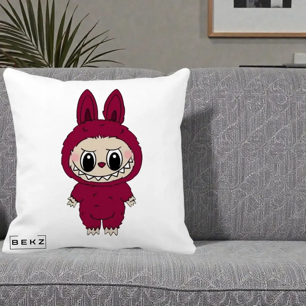 Perna Personalizata Labubu Rosu-Visiniu Solo, 40x40 cm, Alba Mata, Husa Detasabila, Perna Inclusa, BEKZ®