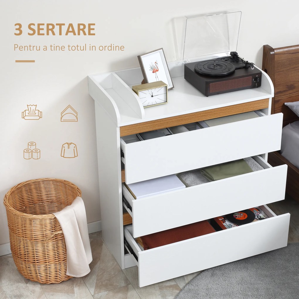 Comoda cu 3 sertare HOMCOM din lemn MDF si PAL pentru dormitor si sufragerie, 80x40x86cm, alb | Aosom RO