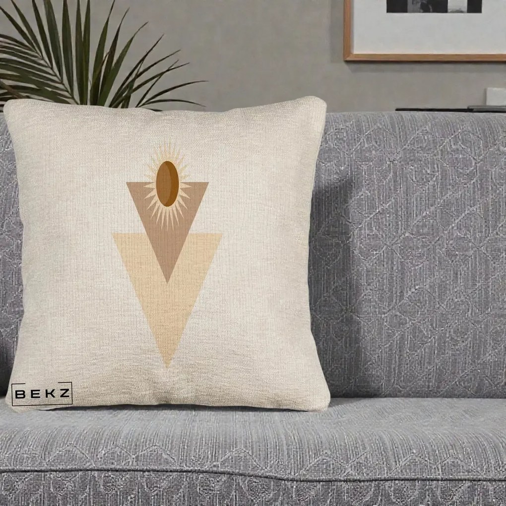 Perna Decorativa Boho Sun cu Triunghiuri Bej si Oval Solar, 40x40 cm, Bej Canapea, Husa Detasabila, Perna Inclusa, BEKZ®