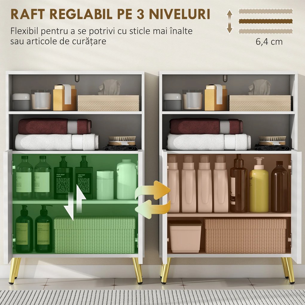 HOMCOM Dulap de Baie cu 2 Rafturi Deschise și Dulap, Dulap Compact cu Uși Amortizate, Raft Reglabil, pentru Bucătărie Living, 60x31.8x93 cm, Alb | Aosom Romania