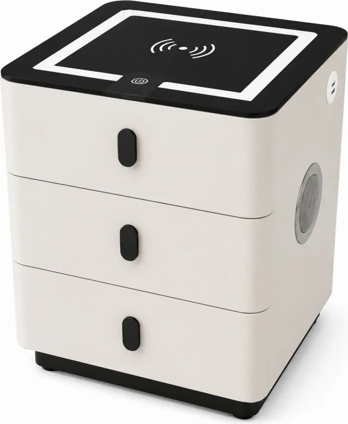 RESIGILAT- Noptieră inteligentă multifuncțională, 3 sertare, LED-uri tactile, 3 tipuri de culoare, încărcare fără fir, Difuzor Bluetooth, incarcare USB, sticla securizata, Alb