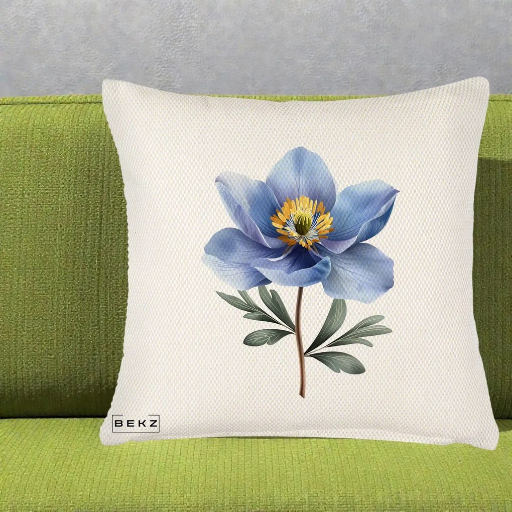 Perna Decorativa Anemona Albastra Botanica, 40x40 cm, Crem Reliefat, Husa Detasabila, Perna Inclusa, BEKZ®