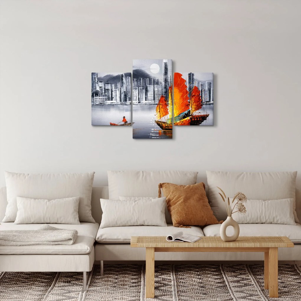 Tablou - Victoria Harbour, Hong Kong, pictură în ulei alb- negru (90x60 cm)