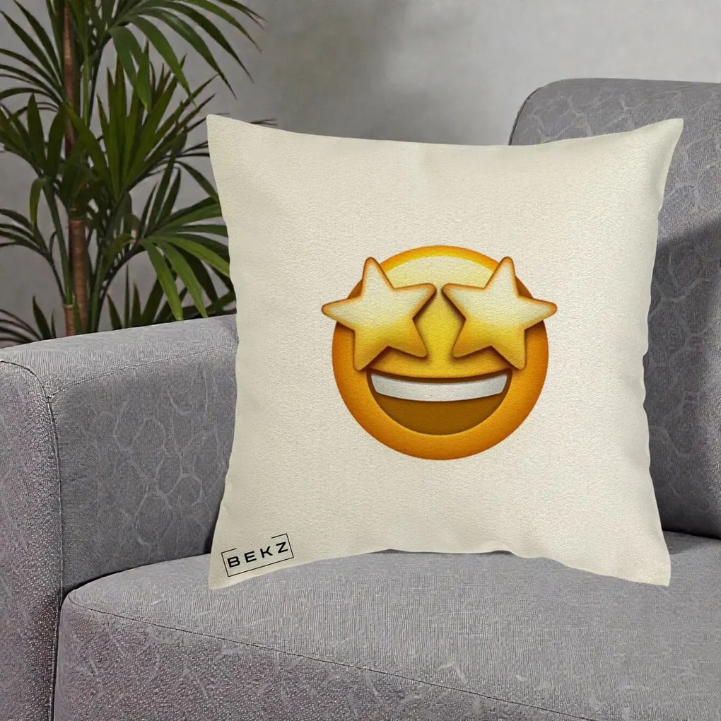 Perna Decorativa Emoji Ochi Stele, 40x40 cm, Ecru, Husa Detasabila, Perna Inclusa, BEKZ®