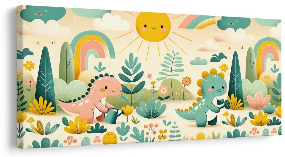 Tablou prieteni dinozauri într-o grădină colorată