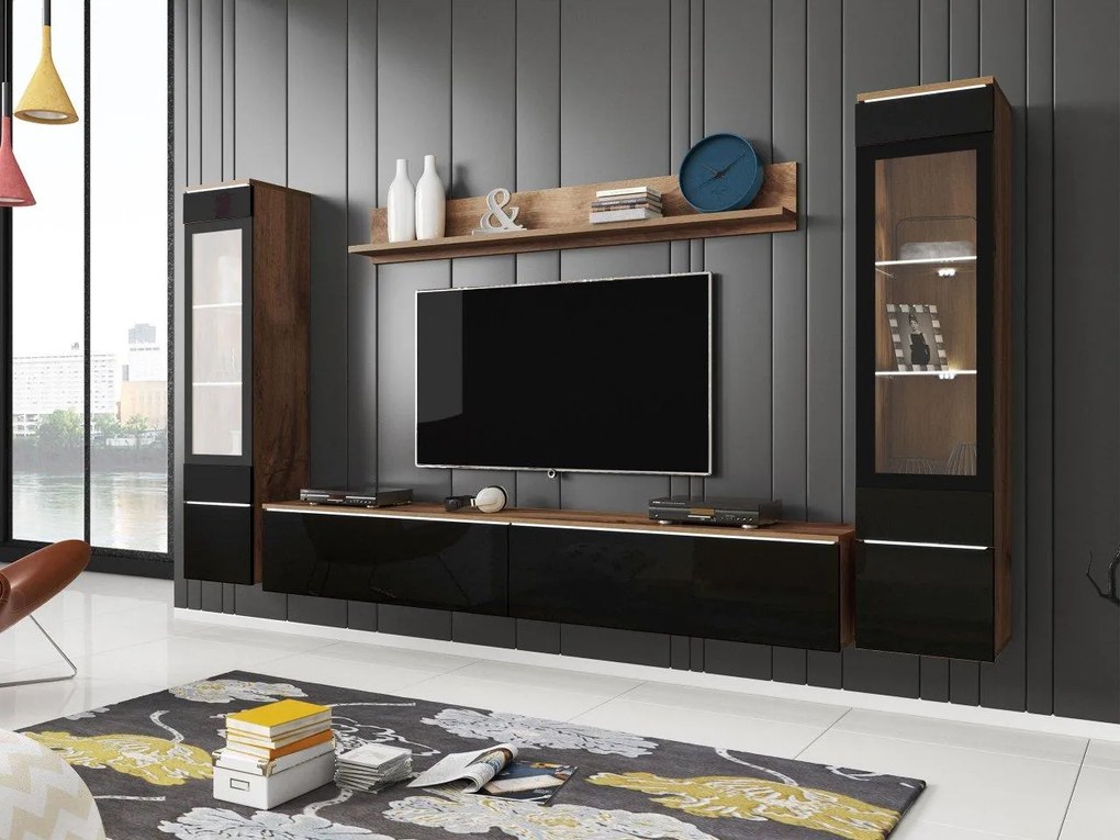 Mobilier living Selwyn II (wotan + Negru lucios ) (iluminat LED Alb). 1054051