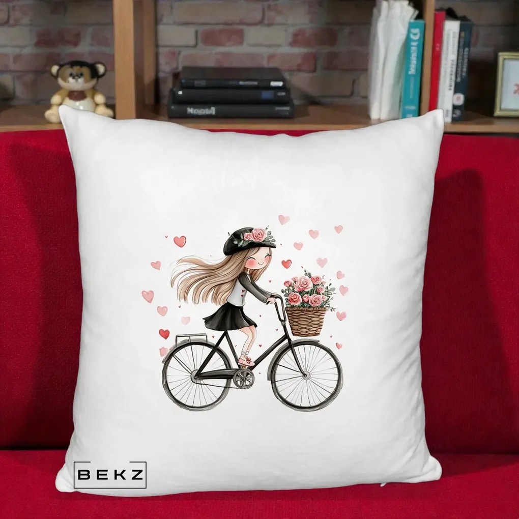 Perna Decorativa Fetita Kawaii pe Bicicleta cu Trandafiri si Inimioare, 40x40 cm, Alb Pufos, Husa Detasabila, Perna Inclusa, BEKZ®