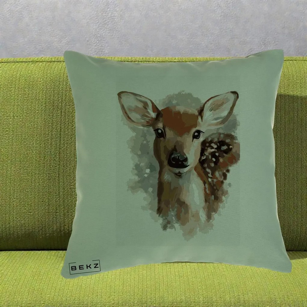Perna Decorativa Caprioara Pui Acuarela, 40x40 cm, Verde, Husa Detasabila, Perna Inclusa, BEKZ®