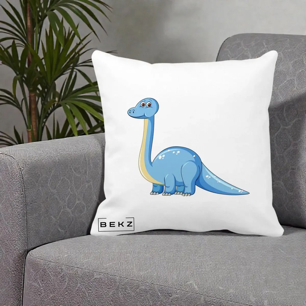 Perna Personalizata Brontosaur Albastru, 40x40 cm, Alba Mata, Husa Detasabila, Perna Inclusa, BEKZ®