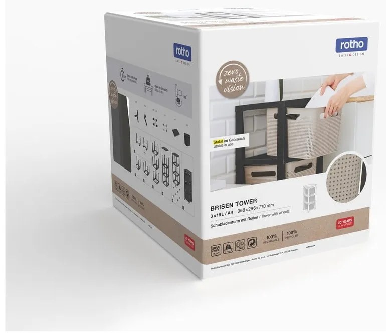 Etajeră pe roți neagră/bej din plastic 30x77 cm Brisen - Rotho