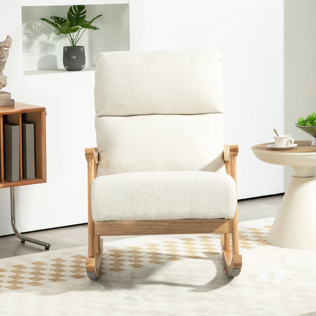 HOMCOM Scaun Balansoar Tapițat din Catifea Teddy, cu Spătar Ergonomic și Picioare din Lemn de Cauciuc,  Alb crem | Aosom Romania